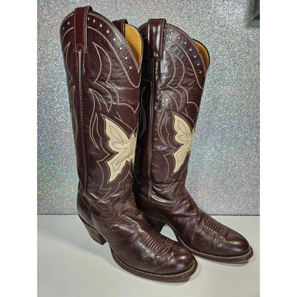 JUSTIN Vintage Mahogany‎ Leather Butterfly Inlay Western Cowboy Boots L4112 8B